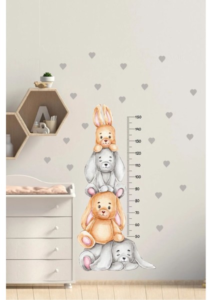 Renkli çocuk odası tavşan ailesi boy ölçer yapışkanlı sticker seti, 5+ parça