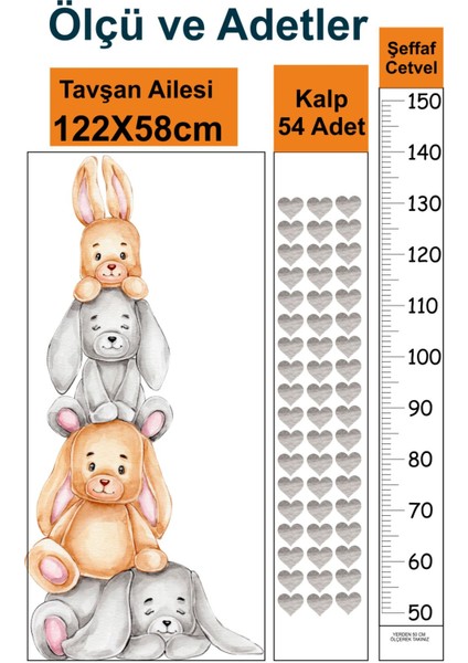 Renkli çocuk odası tavşan ailesi boy ölçer yapışkanlı sticker seti, 5+ parça modelleri