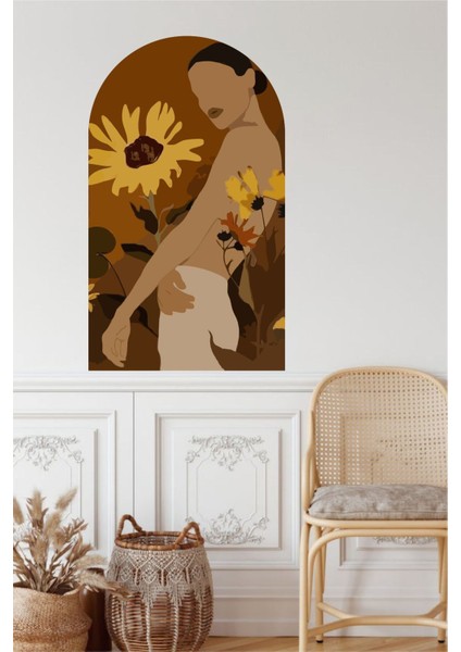 Renkli kadın ve ayçiçekleri temalı bohem duvar dekoru, canlı ve şık tarz, 1 parça