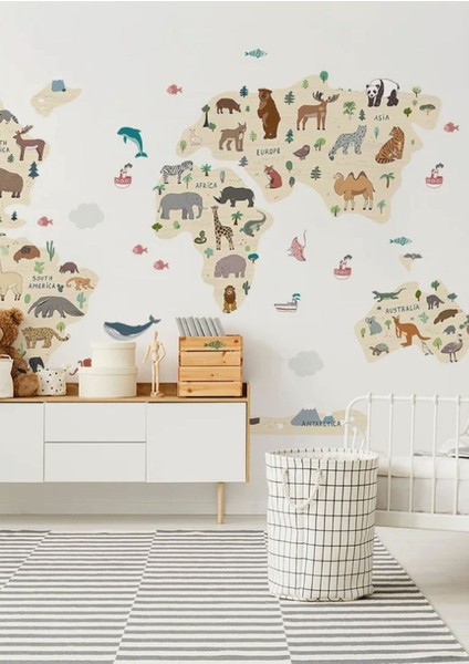Çocuk Odası Renkli Dünya Haritası Duvar Stickerı, Eğlenceli ve Öğretici Dekorasyon Parçası