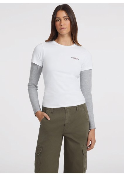 Bisiklet Yaka Desenli Beyaz Kadın T-Shirt Gj Ss Cn Slım Mını A - Mıd Organıc fiyatları