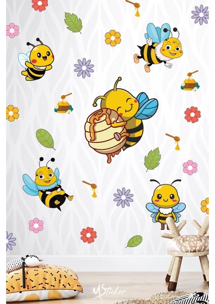 Çocuk odası renkli duvar çıkartması, sevimli arılar ve çiçeklerle süsleme seti