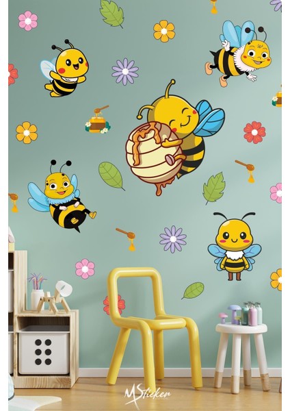 Çocuk odası renkli duvar çıkartması, sevimli arılar ve çiçeklerle süsleme seti fiyatları