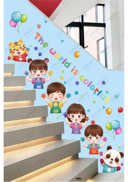 Çocukların Renkli Dünyası Anaokulu Kreş Çocuk Odası Duvar Yapışkanlı Sticker Seti