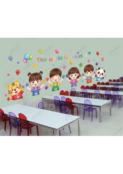 Çocukların Renkli Dünyası Anaokulu Kreş Çocuk Odası Duvar Yapışkanlı Sticker Seti fiyatları