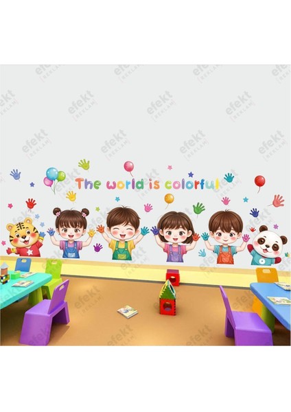 Çocukların Renkli Dünyası Anaokulu Kreş Çocuk Odası Duvar Yapışkanlı Sticker Seti modelleri