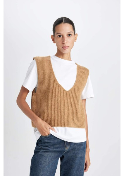 Regular Fit V Yaka Basic Düz Fitilli Triko Süveter D8588AX24WN