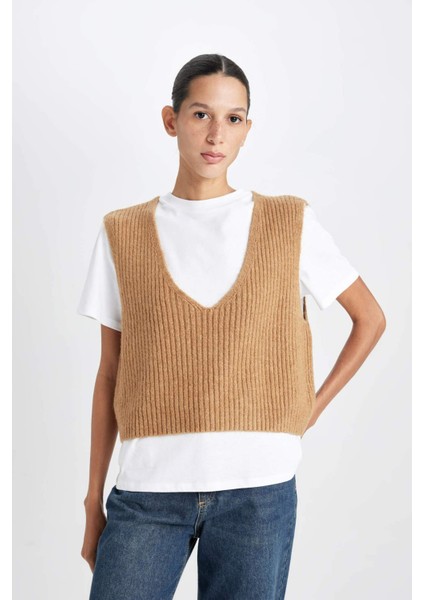Regular Fit V Yaka Basic Düz Fitilli Triko Süveter D8588AX24WN