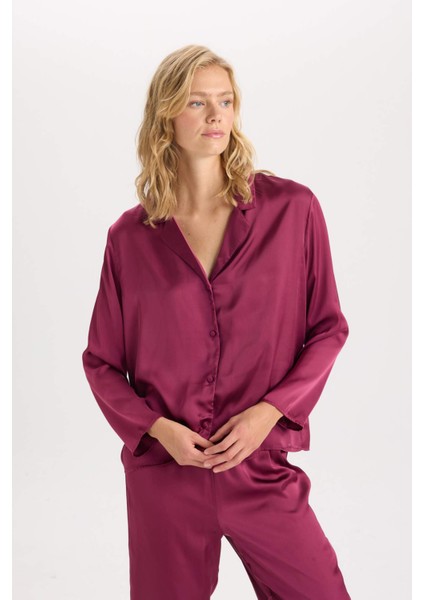 Fall in Love Pijama Takım Basic Düz Saten Uzun Kollu Üst Beli Lastikli Alt D6940AX24AU