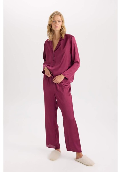 Fall in Love Pijama Takım Basic Düz Saten Uzun Kollu Üst Beli Lastikli Alt D6940AX24AU