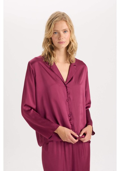 Fall in Love Pijama Takım Basic Düz Saten Uzun Kollu Üst Beli Lastikli Alt D6940AX24AU