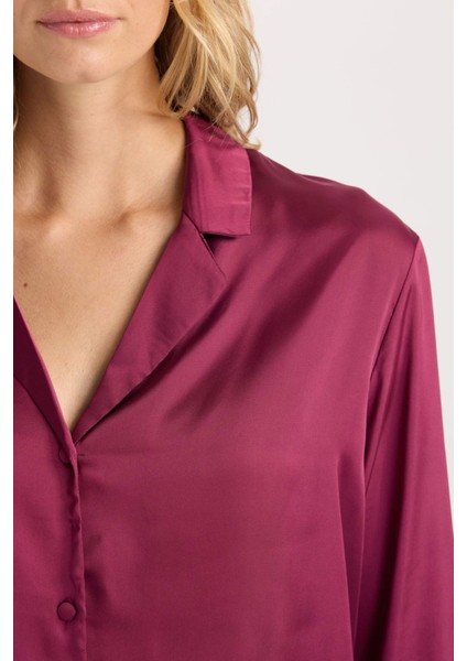 Fall in Love Pijama Takım Basic Düz Saten Uzun Kollu Üst Beli Lastikli Alt D6940AX24AU