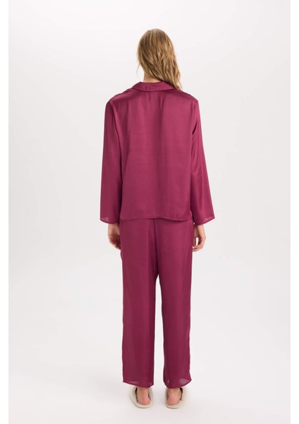 Fall in Love Pijama Takım Basic Düz Saten Uzun Kollu Üst Beli Lastikli Alt D6940AX24AU