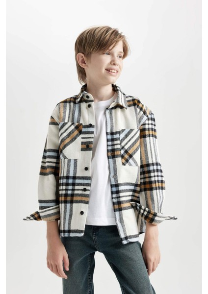 Erkek Çocuk Oversize Geniş Kalıp Polo Yaka Flanel Cepli Kareli Uzun Kollu Gömlek D6686A824WN