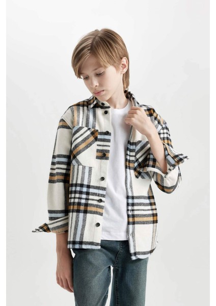 Erkek Çocuk Oversize Geniş Kalıp Polo Yaka Flanel Cepli Kareli Uzun Kollu Gömlek D6686A824WN