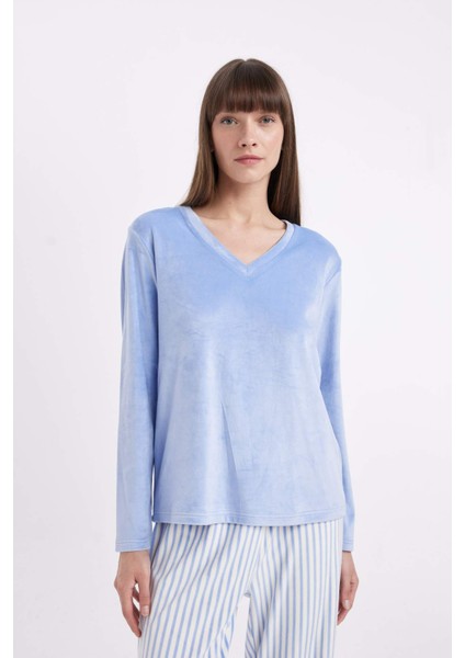Fall in Love Pijama Takım V Yaka Velur Uzun Kollu Basic Düz Üst Çizgili Beli Lastikli Alt A6205AX24AU fırsatları