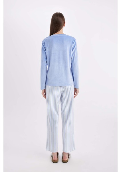 Fall in Love Pijama Takım V Yaka Velur Uzun Kollu Basic Düz Üst Çizgili Beli Lastikli Alt A6205AX24AU indirimleri