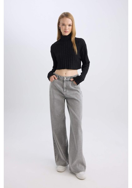 Coool Balıkçı Yaka Crop Top Basic Düz Fitilli Kaşkorse Uzun Kollu Tişört E1673AX24WN