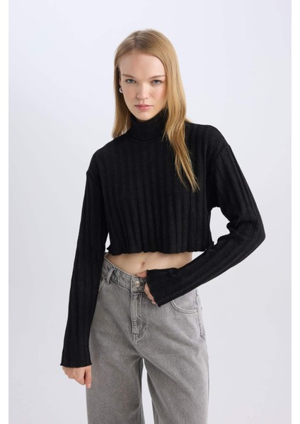 Coool Balıkçı Yaka Crop Top Basic Düz Fitilli Kaşkorse Uzun Kollu Tişört E1673AX24WN