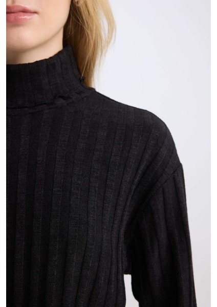 Coool Balıkçı Yaka Crop Top Basic Düz Fitilli Kaşkorse Uzun Kollu Tişört E1673AX24WN