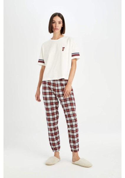 Fall in Love Pijama Takım Bisiklet Yaka Baskılı Kısa Kollu Üst Kareli Beli Lastikli Alt D5662AX24AU