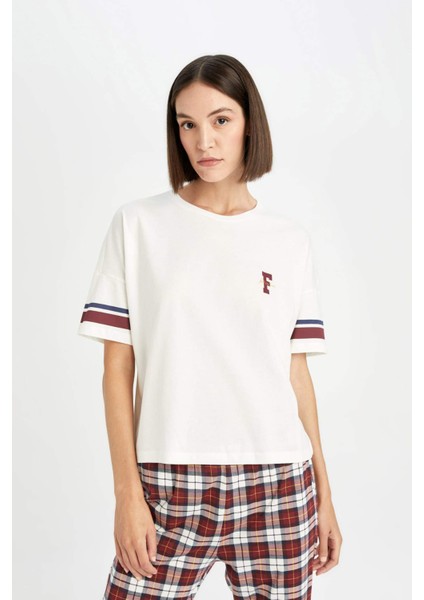 Fall in Love Pijama Takım Bisiklet Yaka Baskılı Kısa Kollu Üst Kareli Beli Lastikli Alt D5662AX24AU fırsatları