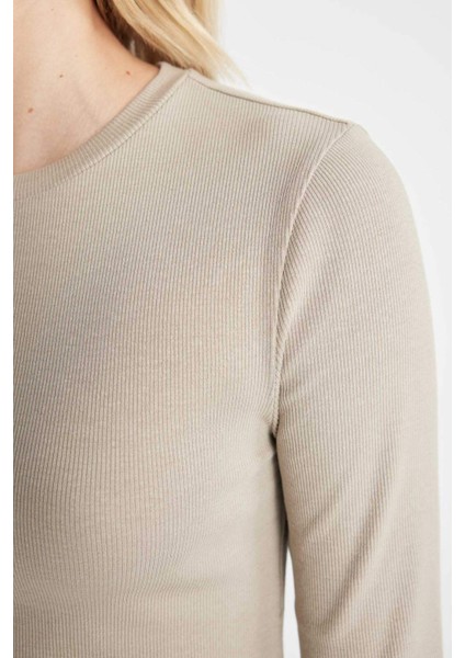 Fitted Bisiklet Yaka Fitilli Kaşkorse Basic Düz Uzun Kollu Tişört Y9870AZ24AU