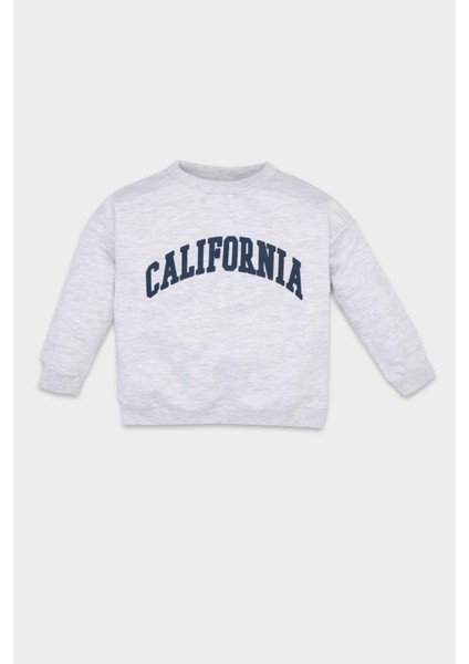 Erkek Bebek Gri Bisiklet Yaka Yazı Baskılı Sweatshirt D0698A524AU