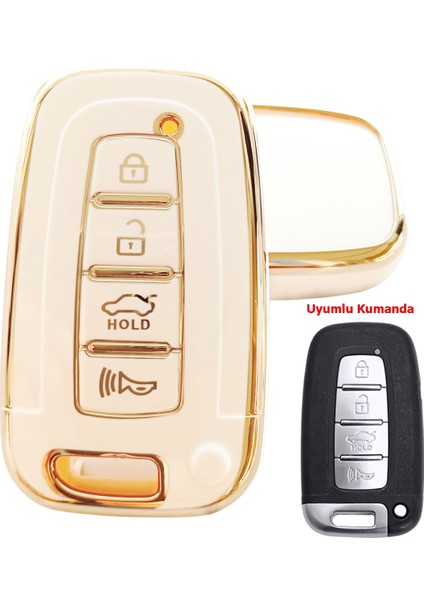 Hyundai IX35 Tucson Santa Fe Sonata Elantra Uyumlu Smart Kumanda Kılıfı Oto Anahtarlık Beyaz Gold