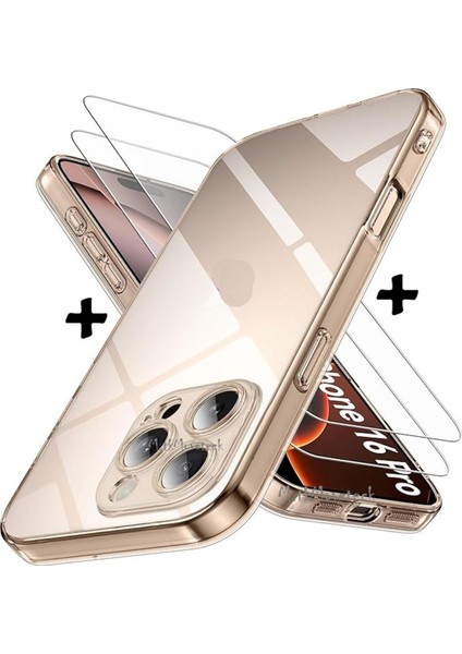 Apple iPhone 16 Pro Kılıf Kamera Korumalı Yumuşak Şeffaf Silikon + 9h Temperli Ekran Koruyucu Cam Set