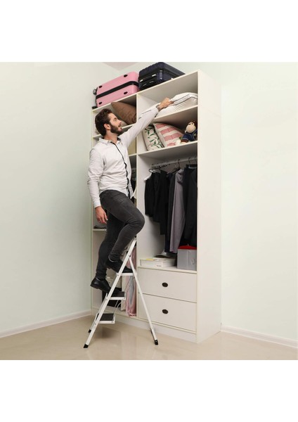 Songmıcs 3 Basamaklı Merdiven, Ağır Hizmet Tipi Çelik, Katlanır, Kaymaz Paspaslı Portatif Maksimum 150 Kg'a Kadar Yük Kapasitesi Tüv Rheinland Tarafından Test Edilmiş ve Onaylanmıştır GSL03WT indirimleri