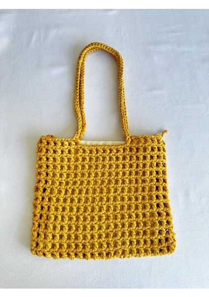 Dafne Dükkan El Örgüsü File Kroşe Çanta Crochet Bag Hardal Rengi