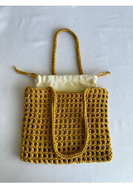 Dafne Dükkan El Örgüsü File Kroşe Çanta Crochet Bag Hardal Rengi