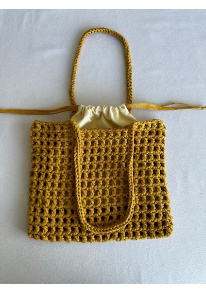 Dafne Dükkan El Örgüsü File Kroşe Çanta Crochet Bag Hardal Rengi