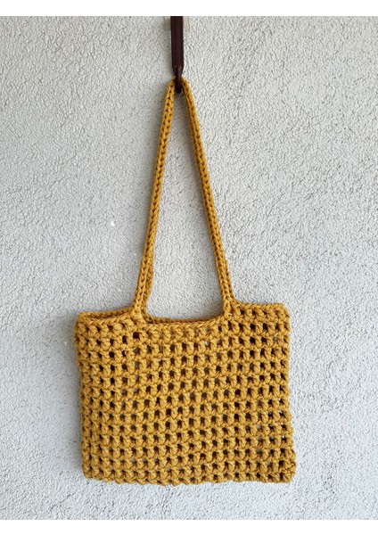 Dafne Dükkan El Örgüsü File Kroşe Çanta Crochet Bag Hardal Rengi