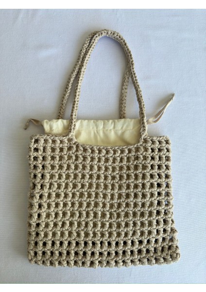 Dafne Dükkan El Örgüsü File Kroşe Çanta Crochet Bag Bej Rengi