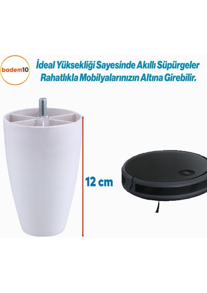 4 Adet Vidalı Oval 12 Cm (BEYAZ) Plastik Mobilya Yükseltici Yükseltme Koltuk Kanepe Baza Ayağı Ayakları