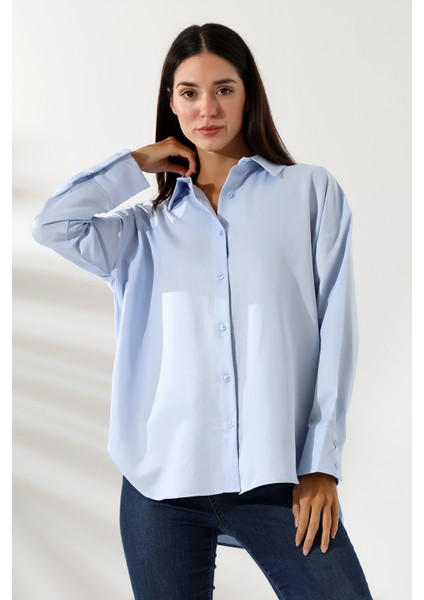 Oversize Mikro Saten Dökümlü Buz Mavisi Kadın Gömlek fiyatları