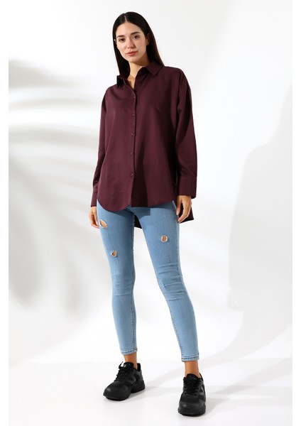 Oversize Mikro Saten Dökümlü Bordo Kadın Gömlek