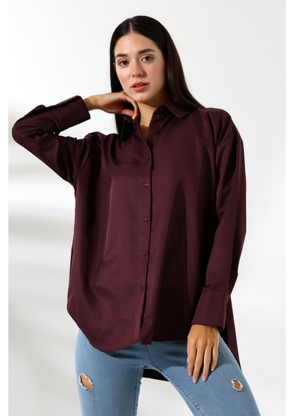 Oversize Mikro Saten Dökümlü Bordo Kadın Gömlek modelleri