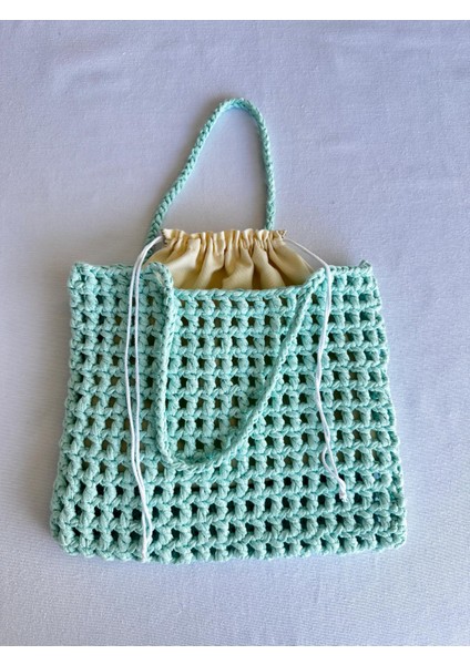 Dafne Dükkan El Örgüsü File Kroşe Çanta Crochet Bag Su Yeşili Rengi