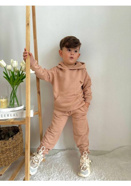 Erkek Çocuk Dino Nakışlı Kanguru Cepli Kapüşonlu Takım