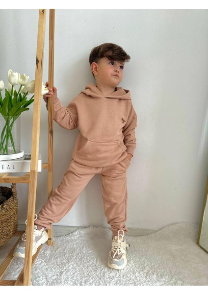 Erkek Çocuk Dino Nakışlı Kanguru Cepli Kapüşonlu Takım modelleri
