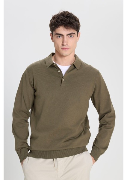 Altınyıldız Classıcs Pamuklu Standart Fit Normal Kesim Polo Yaka Triko Haki Kazak