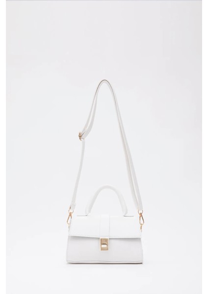 Beyaz Asia Suni Deri Çıtçıtlı Ayarlanabilir Askılı Kadın El, Kol ve Omuz Çantası