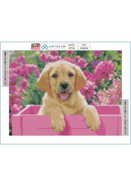 Pembe Bahçede Köpek 50 x 40 cm Elmas Mozaik Tablo modelleri