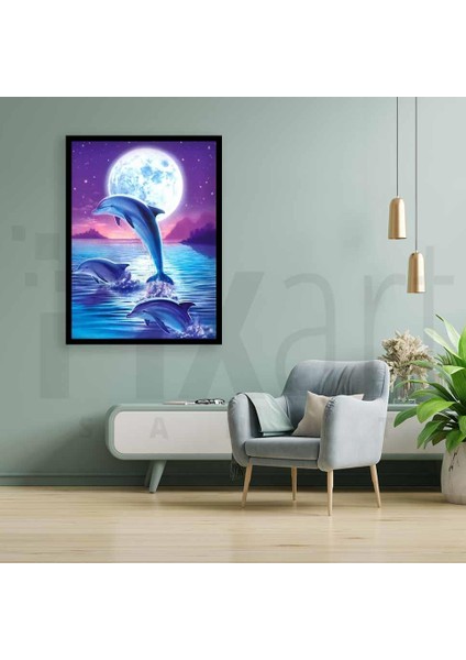 Ayın Arka Planına Karşı Yunuslar 30 x 40 cm Elmas Mozaik Tablo fiyatları