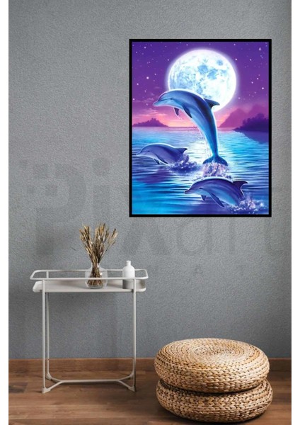 Ayın Arka Planına Karşı Yunuslar 30 x 40 cm Elmas Mozaik Tablo modelleri