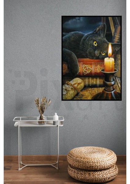Kara Kedi Kitap Mum Işığı Hayvanlar 30 x 40 cm Elmas Mozaik Tablo fiyatları