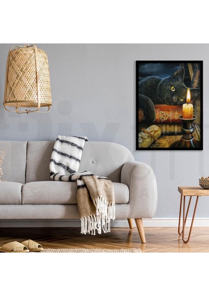 Kara Kedi Kitap Mum Işığı Hayvanlar 30 x 40 cm Elmas Mozaik Tablo modelleri
